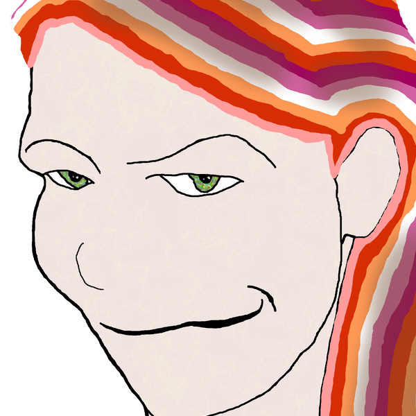 An artistic rendition of myself smirking, with lesbian pride flag hair.