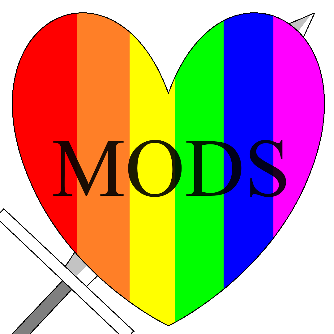 An image of a rainbow heart with the word 'MODS' in black text over, with an interpretation of the Mod Sword behind.