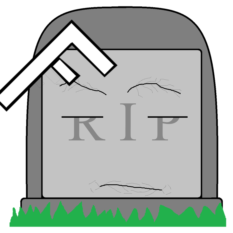 A gravestone with 'RIP' on it, but with the R and P having partially closed eyelids. A large 'F' combined with the eyelids produces the visual of a Salute.