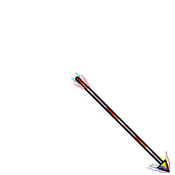 The same arrow as T2, facing diagonally downward-right, except the fletching is trans colors, the shaft is lesbian colors, and the arrowhead is pride colors, with a rainbow trail.