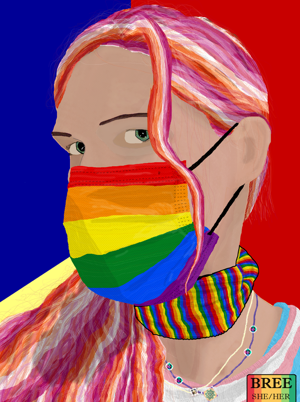 A picture based on a selfie, depicting a rainbow gay pride flag mask and choker, with lesbian hair, a median system plurality pride necklace, a second necklace with red/blue/yellow/black gems, a transgender pride shirt, and a BREE - SHE/HER autistic pride nametag. The eyes are hazel.