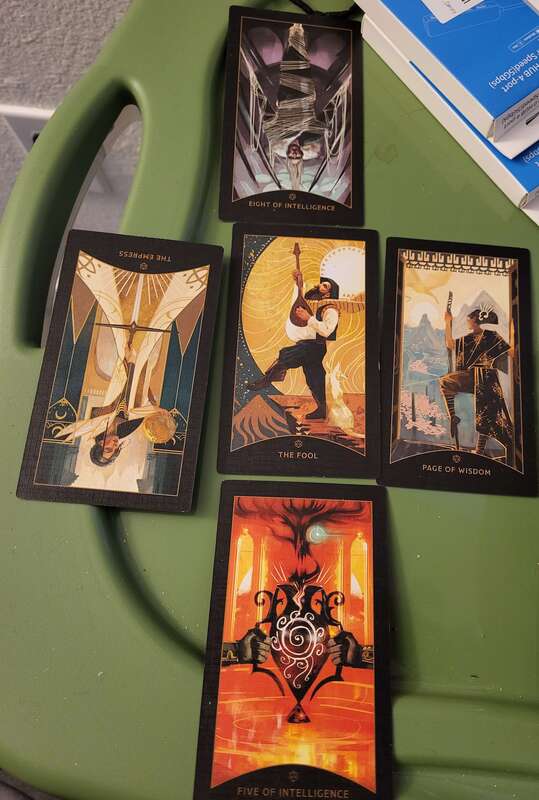 A five-card spread from the D&D tarot card deck, with the first card in the center The Fool, the second card to the left The Empress reversed, the third card to the right Page of Wisdom, the fourth card below Five of Intelligence, and the fifth card above Eight of Intelligence