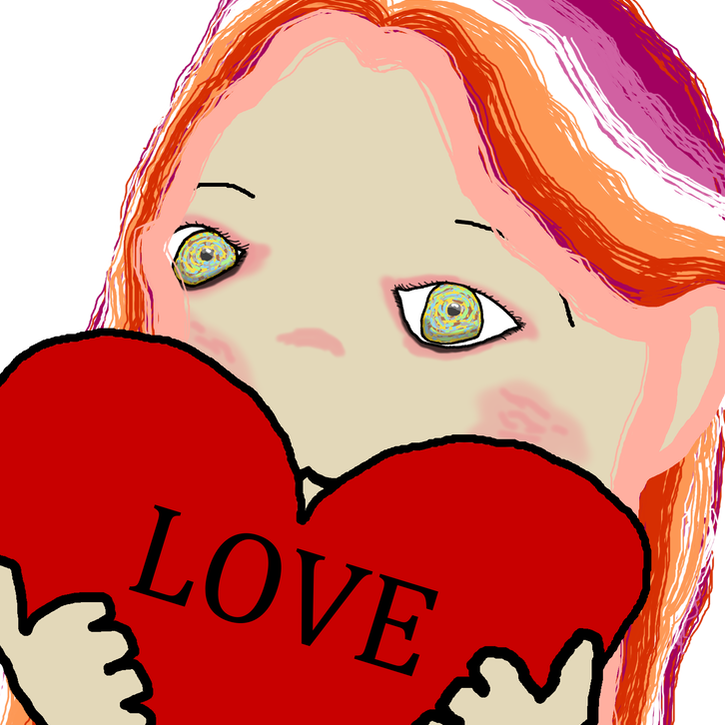 An artistic rendition of myself, with lesbian pride flag hair and a pink streak in the hair, holding up a red heart emote, with the text 'LOVE' on it.