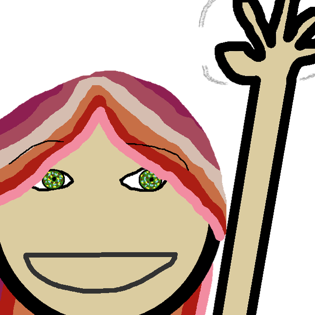 An artistic rendition of myself with lesbian pride flag hair and a pink streak in the hair waving, my rendition of the o/ emote.